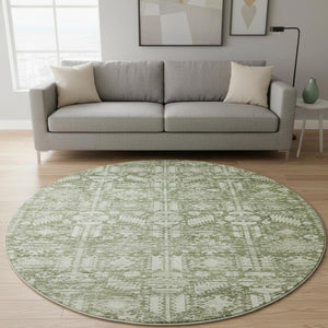 HomeRoots 8' Artichoke Green & Ivory Oriental Round Rug – UV Protected, Washable, Stylish & Durable Design 700838