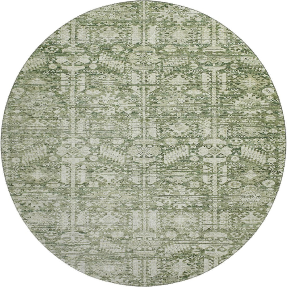 HomeRoots 8' Artichoke Green & Ivory Oriental Round Rug – UV Protected, Washable, Stylish & Durable Design 700838