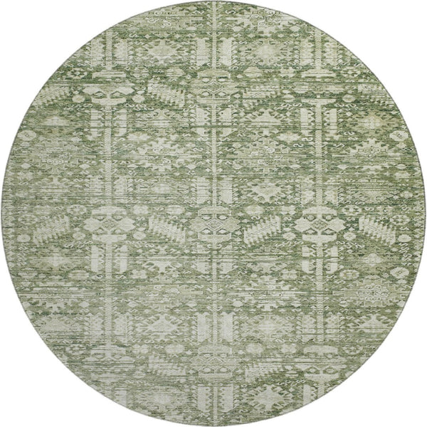HomeRoots 8' Artichoke Green & Ivory Oriental Round Rug – UV Protected, Washable, Stylish & Durable Design 700838