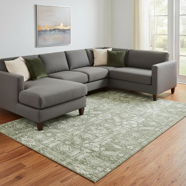 HomeRoots 8' X 10' Artichoke Green & Ivory Oriental Washable Area Rug – UV Protected, Durable & Stylish Comfort 700839