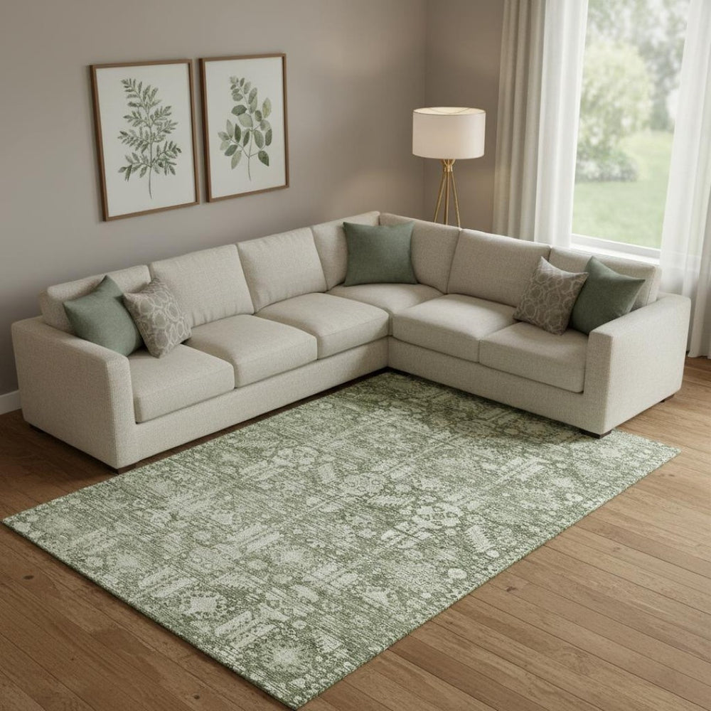 HomeRoots 9' X 12' Artichoke Green Ivory Oriental Area Rug - Washable, UV Protected, Durable for Homes 700840