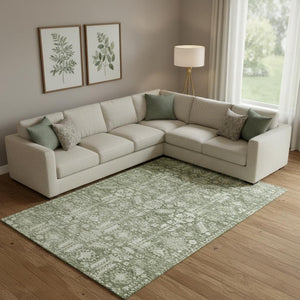 HomeRoots 9' X 12' Artichoke Green Ivory Oriental Area Rug - Washable, UV Protected, Durable for Homes 700840