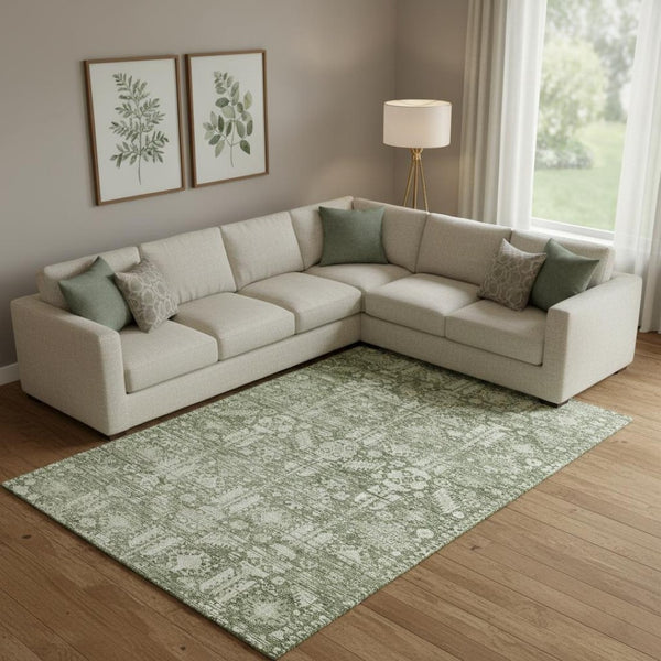 HomeRoots 9' X 12' Artichoke Green Ivory Oriental Area Rug - Washable, UV Protected, Durable for Homes 700840