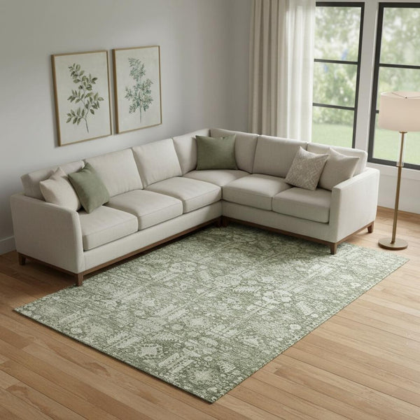 HomeRoots 10' Artichoke Green & Ivory Oriental Washable Area Rug – UV Protected, Stylish & Durable for Homes 700841