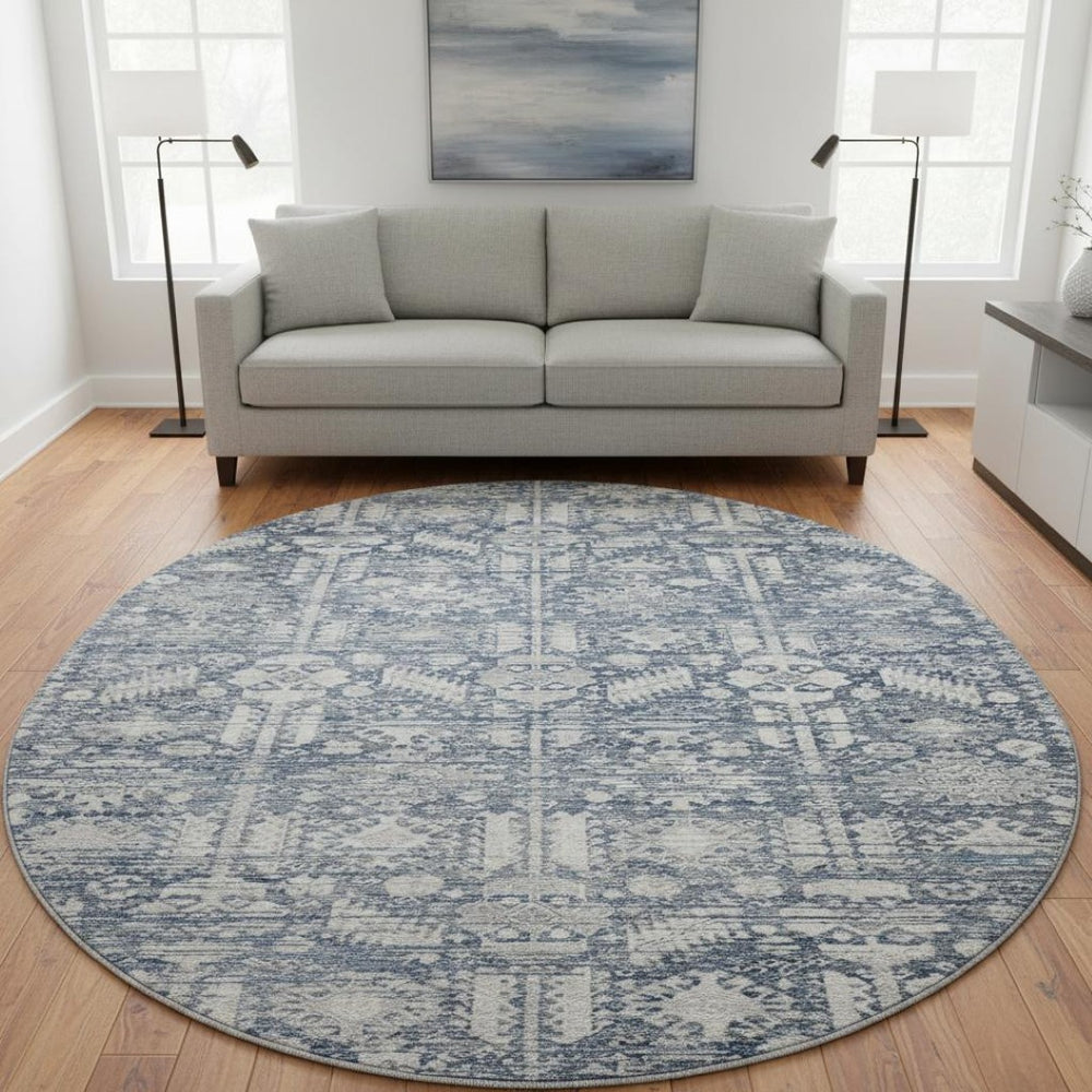 HomeRoots 8' Blue And Ivory Oriental Round Rug – Washable, UV Protected, Durable, Ideal for High-Traffic Areas 700844