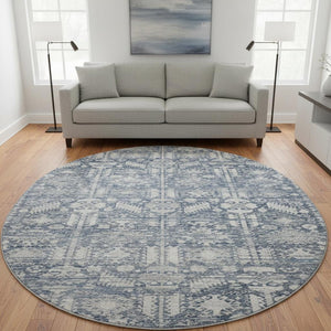 HomeRoots 8' Blue And Ivory Oriental Round Rug – Washable, UV Protected, Durable, Ideal for High-Traffic Areas 700844