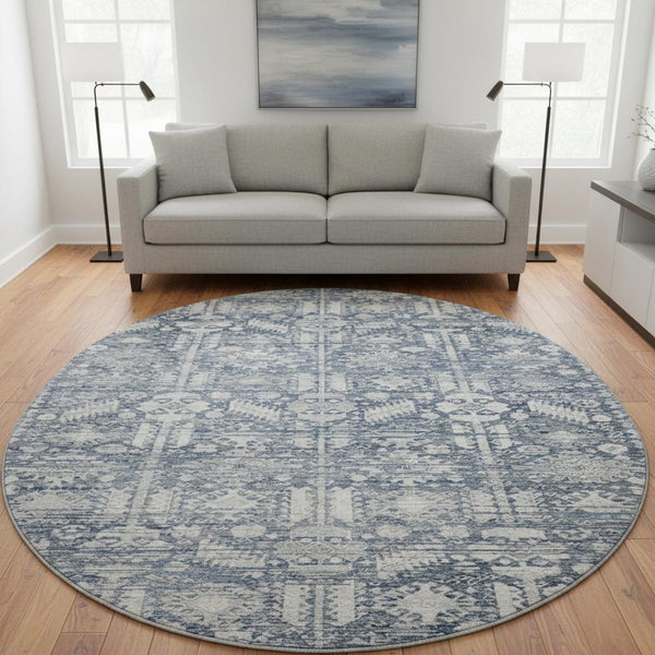 HomeRoots 8' Blue And Ivory Oriental Round Rug – Washable, UV Protected, Durable, Ideal for High-Traffic Areas 700844