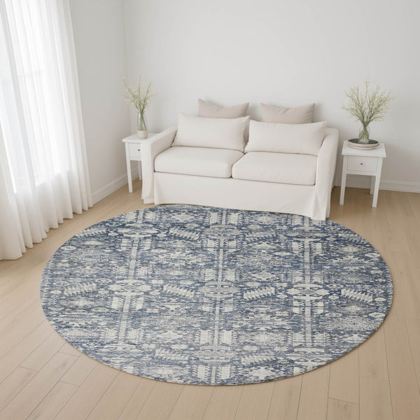 HomeRoots 8' Blue And Ivory Oriental Round Rug – Washable, UV Protected, Durable, Ideal for High-Traffic Areas 700844