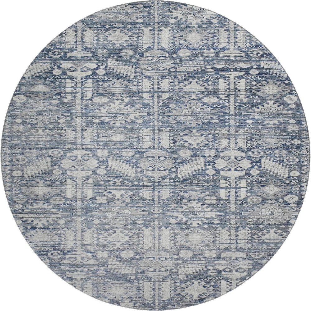 HomeRoots 8' Blue And Ivory Oriental Round Rug – Washable, UV Protected, Durable, Ideal for High-Traffic Areas 700844