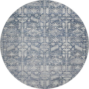 HomeRoots 8' Blue And Ivory Oriental Round Rug – Washable, UV Protected, Durable, Ideal for High-Traffic Areas 700844