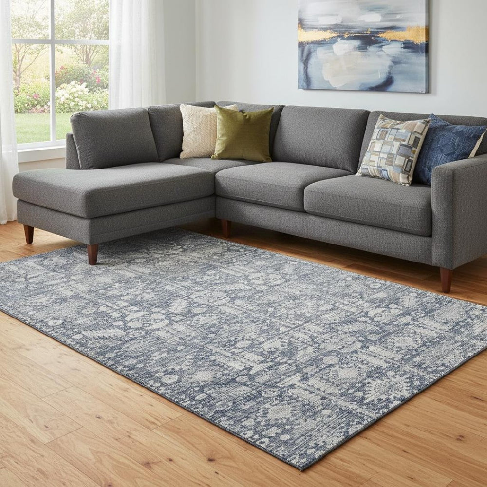 HomeRoots 8' X 10' Blue and Ivory Oriental Washable Rug - Durable, UV Protected, Stylish for Homes with Kids & Pets 700845