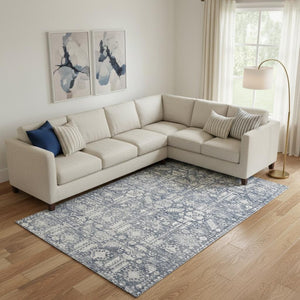 HomeRoots 9' X 12' Blue and Ivory Oriental Area Rug - Durable, Washable, UV Protected for Busy Homes & Style 700846