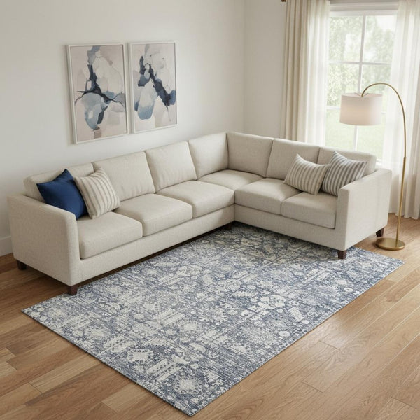 HomeRoots 9' X 12' Blue and Ivory Oriental Area Rug - Durable, Washable, UV Protected for Busy Homes & Style 700846