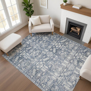 HomeRoots 9' X 12' Blue and Ivory Oriental Area Rug - Durable, Washable, UV Protected for Busy Homes & Style 700846
