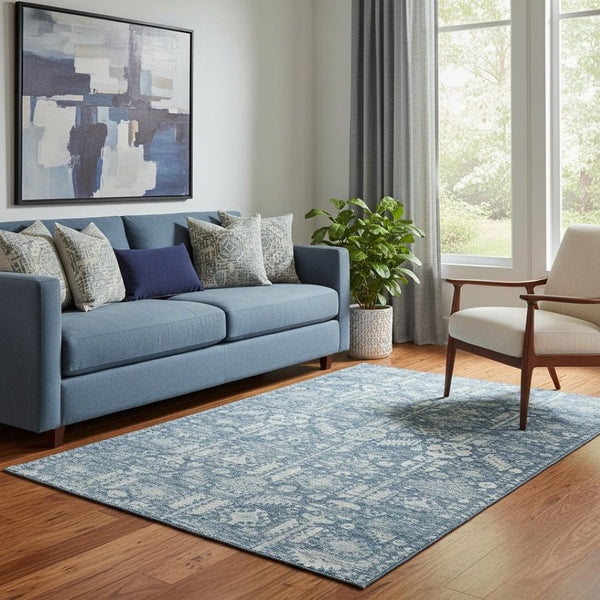 HomeRoots 5' X 8' Denim Blue & Ivory Oriental Area Rug - Durable, Washable, UV-Resistant for Everyday Living 700849