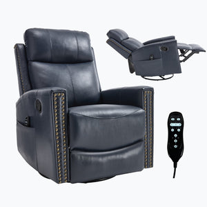 English Elm Blue Genuine Leather Rocker Swivel Recliner with Massage Heat for Living Room W1803P323714