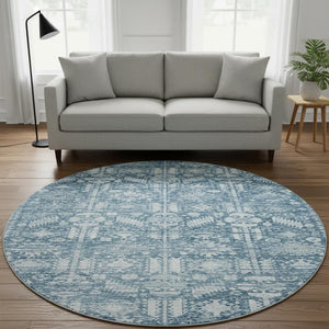 HomeRoots 8' Denim Blue and Ivory Oriental Round Rug - Washable, UV-Protected, Non-Slip, Stylish & Durable! 700850
