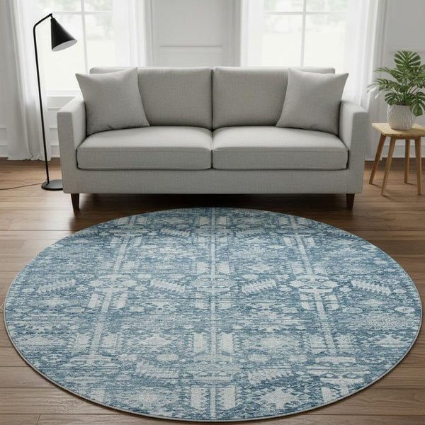 HomeRoots 8' Denim Blue and Ivory Oriental Round Rug - Washable, UV-Protected, Non-Slip, Stylish & Durable! 700850