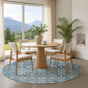 HomeRoots 8' Denim Blue and Ivory Oriental Round Rug - Washable, UV-Protected, Non-Slip, Stylish & Durable! 700850