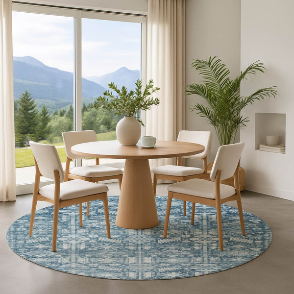 HomeRoots 8' Denim Blue and Ivory Oriental Round Rug - Washable, UV-Protected, Non-Slip, Stylish & Durable! 700850