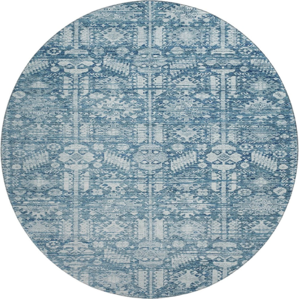 HomeRoots 8' Denim Blue and Ivory Oriental Round Rug - Washable, UV-Protected, Non-Slip, Stylish & Durable! 700850