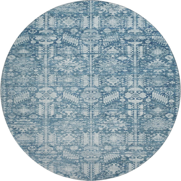 HomeRoots 8' Denim Blue and Ivory Oriental Round Rug - Washable, UV-Protected, Non-Slip, Stylish & Durable! 700850