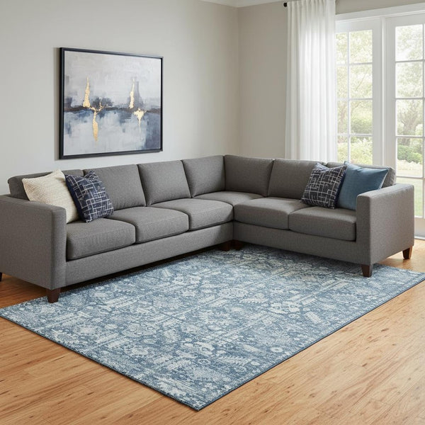 HomeRoots 8' X 10' Denim Blue & Ivory Oriental Area Rug – Washable, Stain Resistant, UV Protected & Stylish 700851
