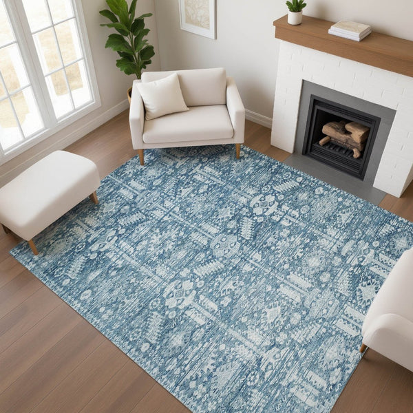 HomeRoots 8' X 10' Denim Blue & Ivory Oriental Area Rug – Washable, Stain Resistant, UV Protected & Stylish 700851
