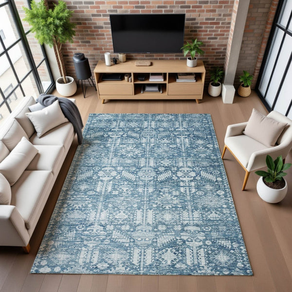 HomeRoots 8' X 10' Denim Blue & Ivory Oriental Area Rug – Washable, Stain Resistant, UV Protected & Stylish 700851
