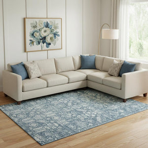 HomeRoots 9' X 12' Denim Blue & Ivory Oriental Washable Area Rug - Stylish, Durable, UV-Resistant Design for Homes 700852