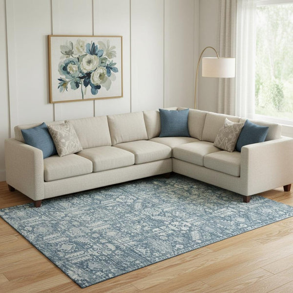 HomeRoots 9' X 12' Denim Blue & Ivory Oriental Washable Area Rug - Stylish, Durable, UV-Resistant Design for Homes 700852