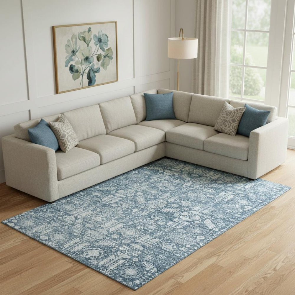 HomeRoots 10' X 14' Denim Blue & Ivory Oriental Area Rug - Stain-Resistant, UV-Protected, Easy-Care Design 700853