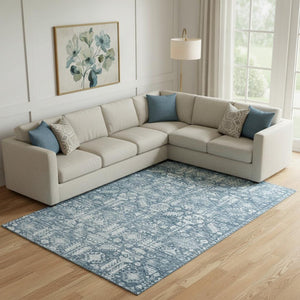HomeRoots 10' X 14' Denim Blue & Ivory Oriental Area Rug - Stain-Resistant, UV-Protected, Easy-Care Design 700853