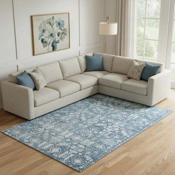HomeRoots 10' X 14' Denim Blue & Ivory Oriental Area Rug - Stain-Resistant, UV-Protected, Easy-Care Design 700853