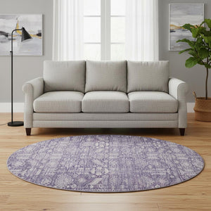 HomeRoots 8' Purple And Ivory Round Rug - Stylish Oriental Design with UV Protection and Easy Care Durability 700856