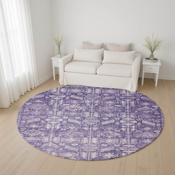 HomeRoots 8' Purple And Ivory Round Rug - Stylish Oriental Design with UV Protection and Easy Care Durability 700856