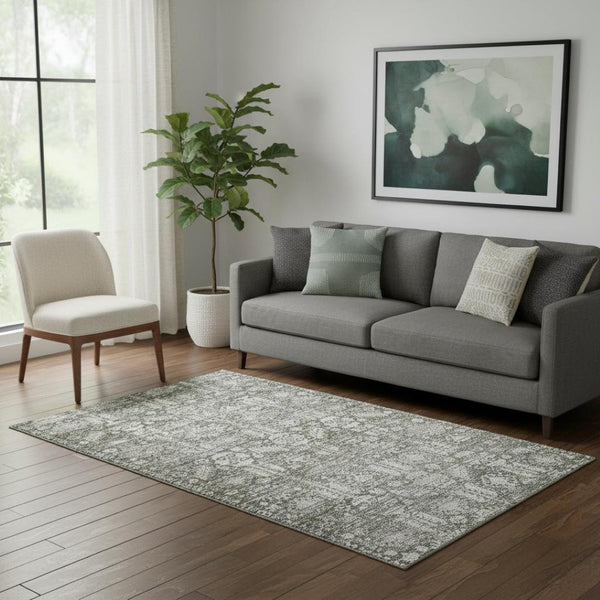HomeRoots 5' x 8' Pewter and Silver Oriental Area Rug – Durable, Washable, UV-Protected for High-Traffic Spaces 700861