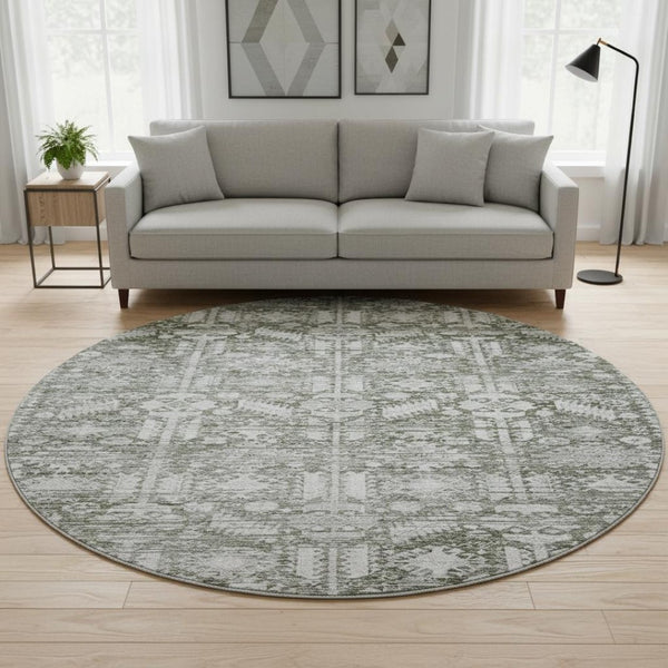 HomeRoots 8' Pewter and Silver Oriental Washable Round Rug – Durable, Stain-Resistant with UV Protection 700862