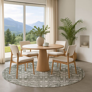 HomeRoots 8' Pewter and Silver Oriental Washable Round Rug – Durable, Stain-Resistant with UV Protection 700862