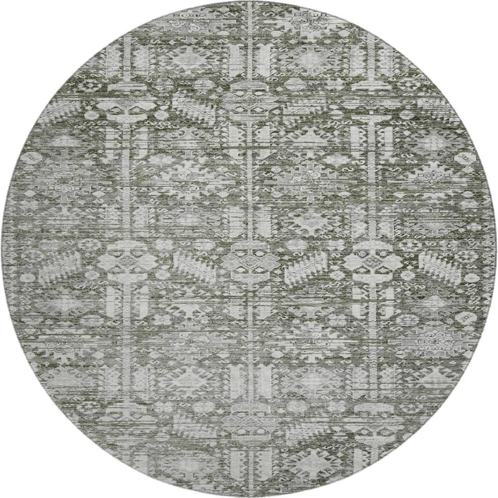 HomeRoots 8' Pewter and Silver Oriental Washable Round Rug – Durable, Stain-Resistant with UV Protection 700862