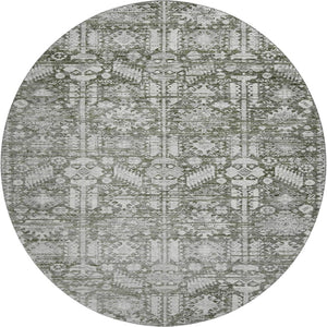 HomeRoots 8' Pewter and Silver Oriental Washable Round Rug – Durable, Stain-Resistant with UV Protection 700862
