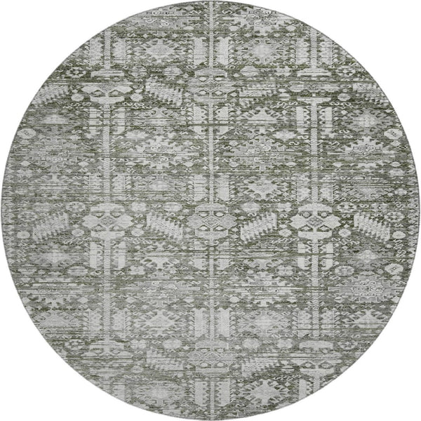 HomeRoots 8' Pewter and Silver Oriental Washable Round Rug – Durable, Stain-Resistant with UV Protection 700862