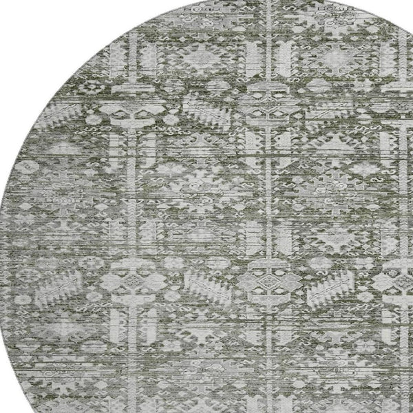 HomeRoots 8' Pewter and Silver Oriental Washable Round Rug – Durable, Stain-Resistant with UV Protection 700862