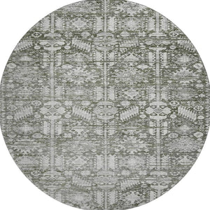 HomeRoots 8' Pewter and Silver Oriental Washable Round Rug – Durable, Stain-Resistant with UV Protection 700862