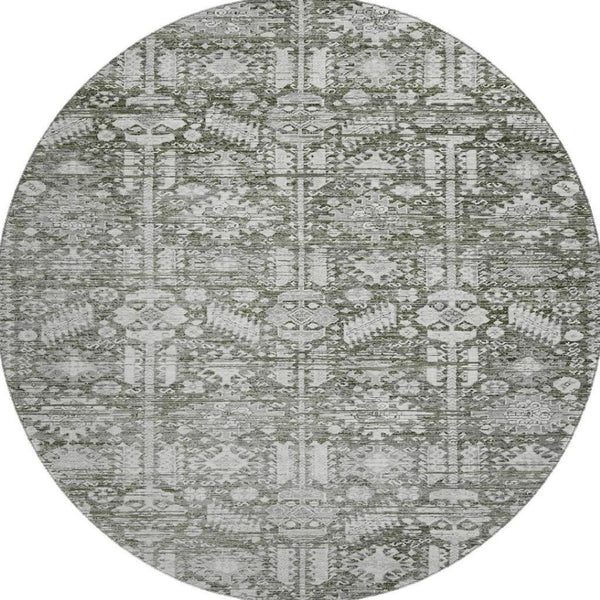 HomeRoots 8' Pewter and Silver Oriental Washable Round Rug – Durable, Stain-Resistant with UV Protection 700862