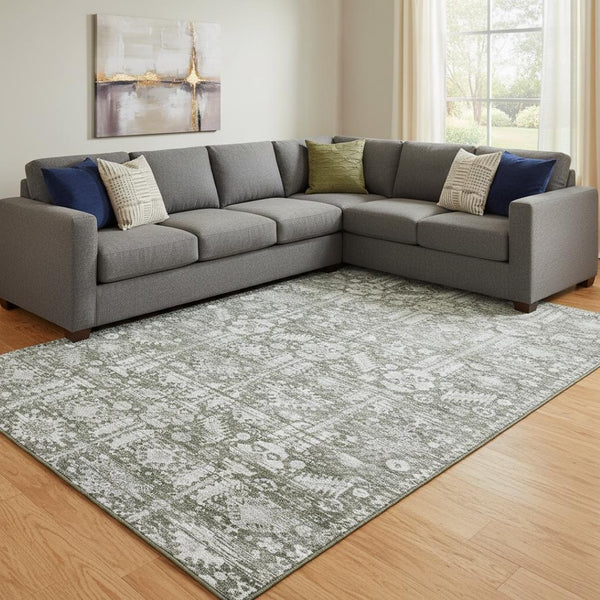 HomeRoots 8' X 10' Pewter and Silver Oriental Area Rug - Durable, Washable with UV Protection for Busy Homes 700863