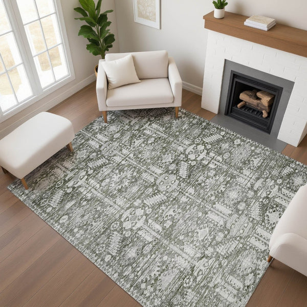 HomeRoots 8' X 10' Pewter and Silver Oriental Area Rug - Durable, Washable with UV Protection for Busy Homes 700863