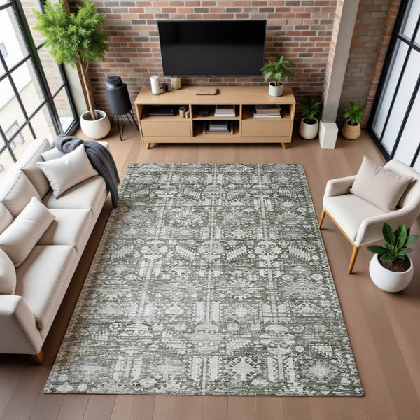 HomeRoots 8' X 10' Pewter and Silver Oriental Area Rug - Durable, Washable with UV Protection for Busy Homes 700863