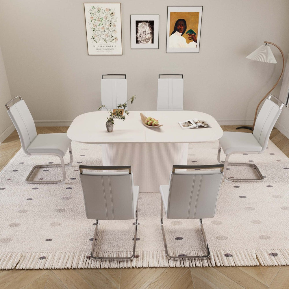 English Elm 63 Inch Mdf Dining Table and Six Pu Leather Chair Set for Modern Interiors W2189S00883