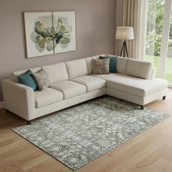 HomeRoots 10' X 14' Pewter and Silver Oriental Area Rug – Stylish, Washable, Durable & UV Protected for Homes 700865